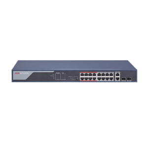 Hikvision 16-Port 100 Mbps Long-Range Unmanaged PoE Switch , 2 × 1000 Mbps RJ45 port,  and 2 × 1000 Mbps SFP  uplink port, 230W