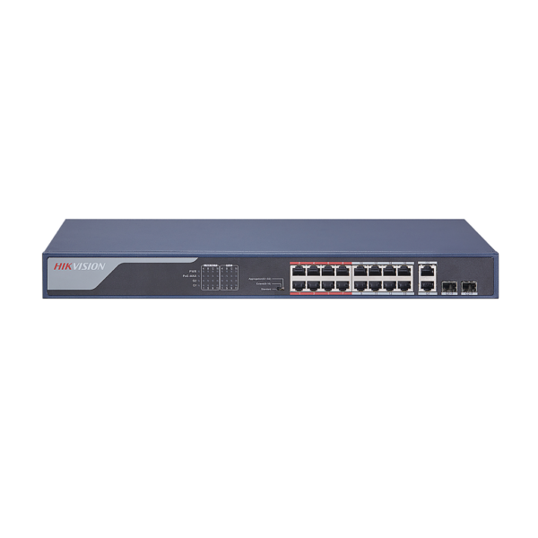 Hikvision 16-Port 100 Mbps Long-Range Unmanaged PoE Switch , 2 × 1000 Mbps RJ45 port,  and 2 × 1000 Mbps SFP  uplink port, 230W