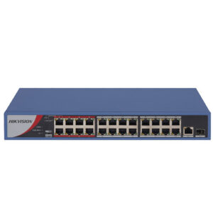 Hikvision 24-Port 100 Mbps Long-Range Unmanaged PoE Switch, 1 Gigabit RJ45 uplink port, 1 Gigabit SFP uplink port, 230W